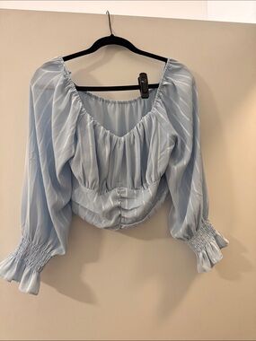 Light Blue Peasant Crop Top with Smocked Cuffs